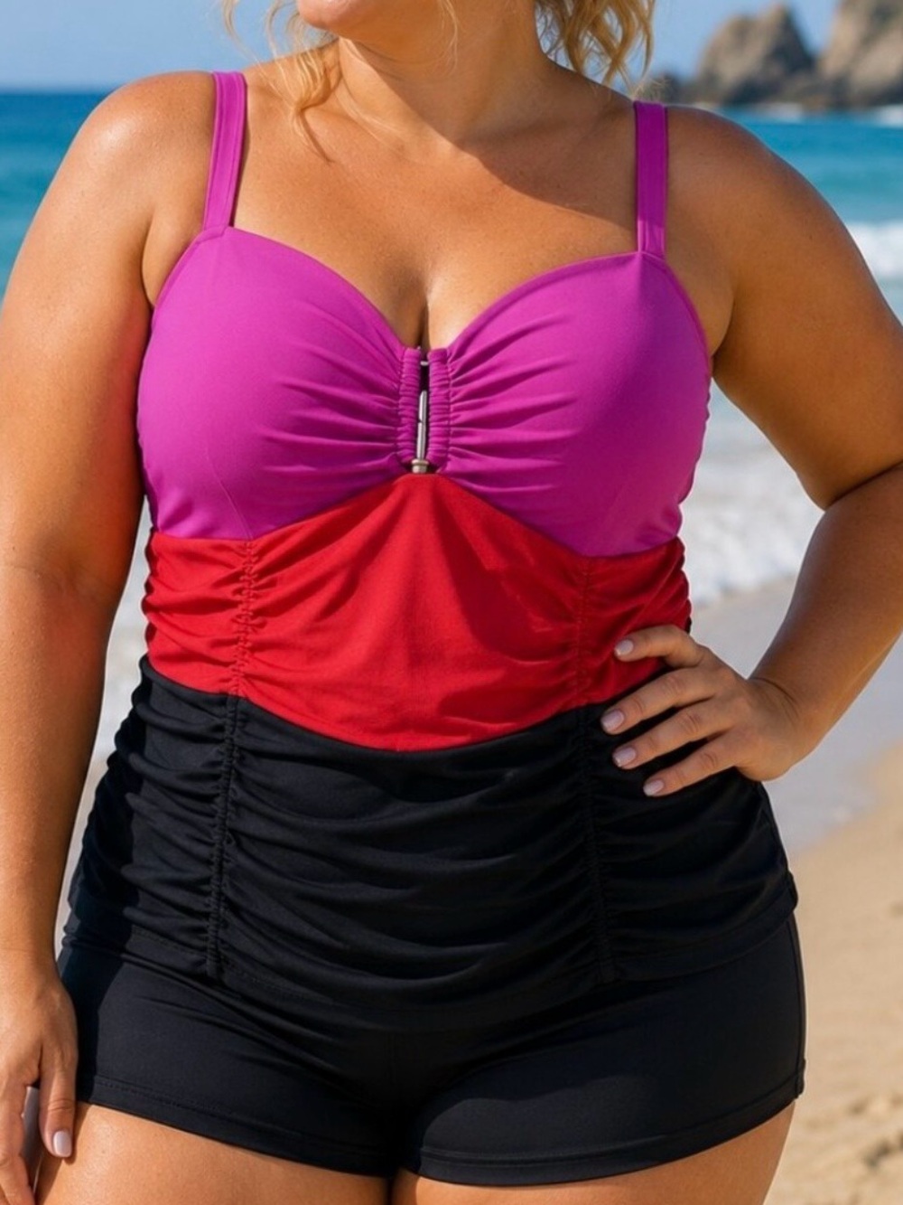 Cacique 6th & Lane Colorblock Pink Red Black Swim Tankini Top: WOMEN’S PLUS SWIM
